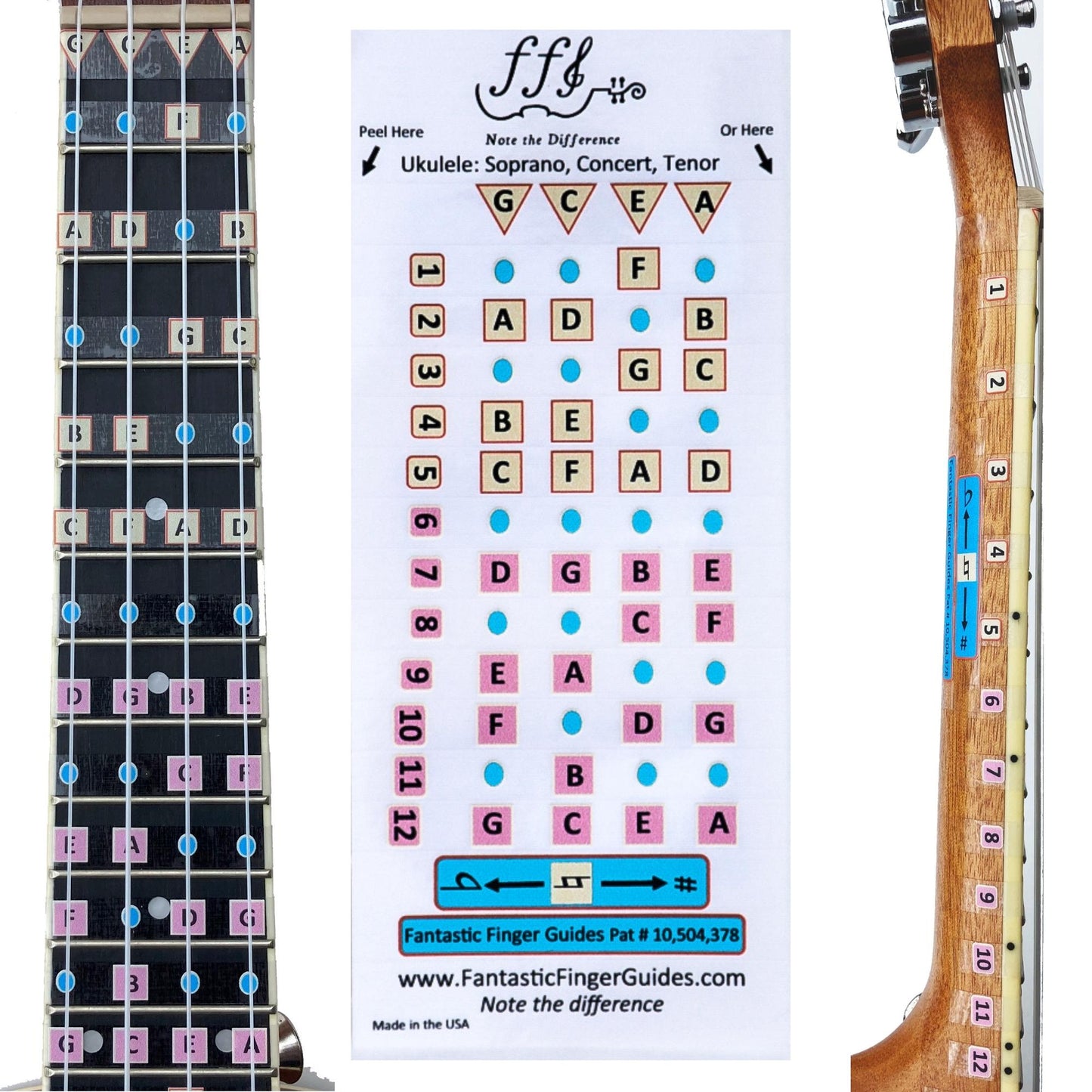 Soprano, Concert, and Tenor Ukulele Fretboard Stickers Guide